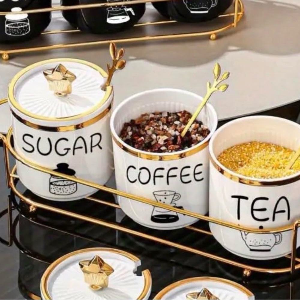 Luxury White and Gold Ceramic Canister Set with Tray - Picture 2 of 4